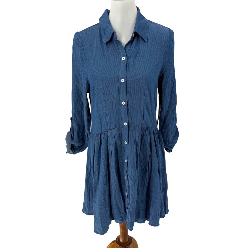 Color Thread Blue Button-Up Tunic Dress W/ Pleated Waist & Rolled Tab Sleeves, S